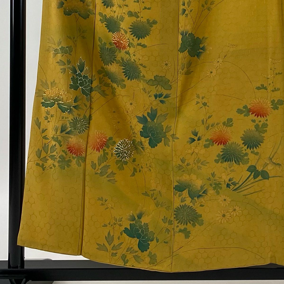 【庫存清倉】訪問服 身長155.5cm 袖長64cm M 雙層 牡丹 菊花 金絲 金銀彩 芥末色 純蠶絲 優品級