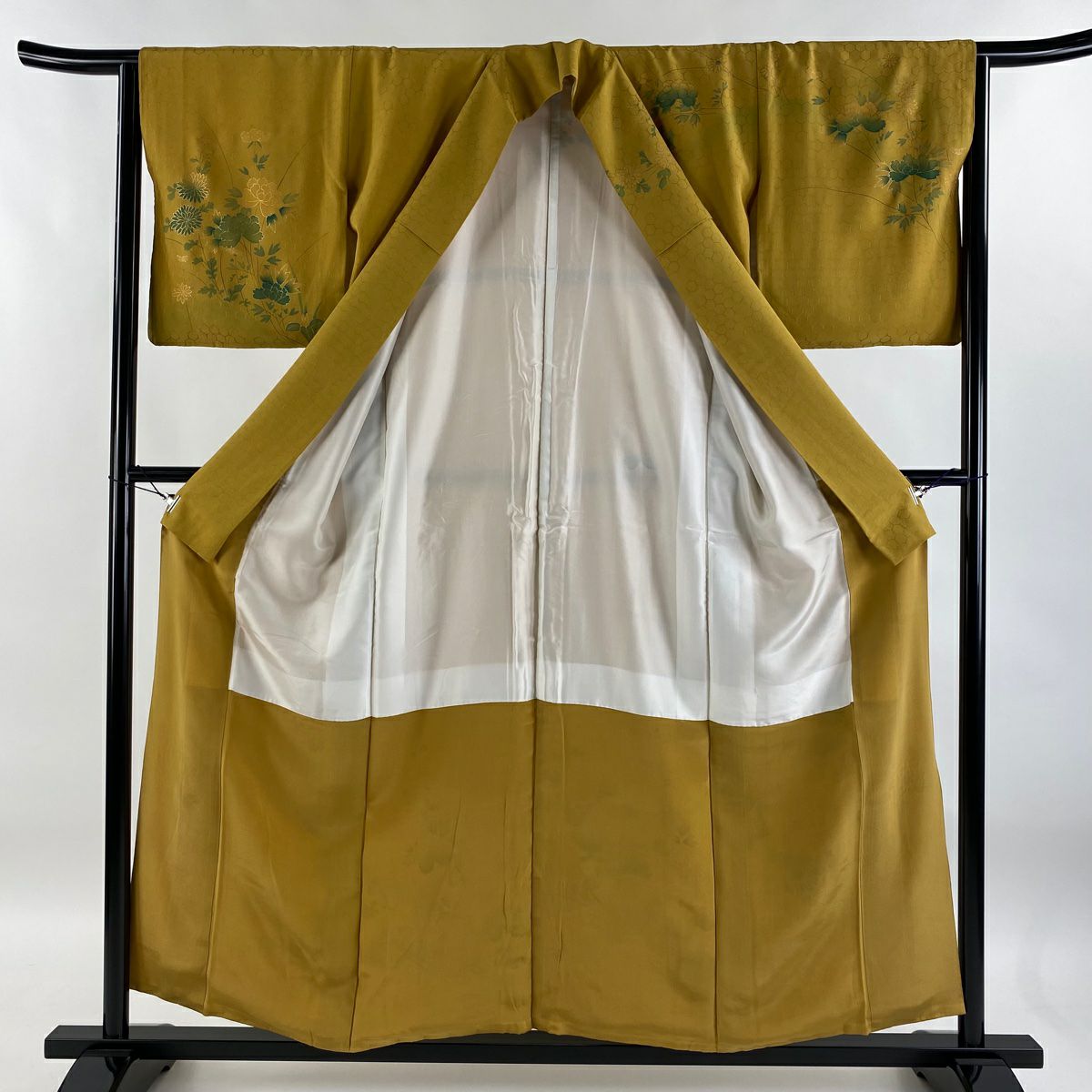 【庫存清倉】訪問服 身長155.5cm 袖長64cm M 雙層 牡丹 菊花 金絲 金銀彩 芥末色 純蠶絲 優品級
