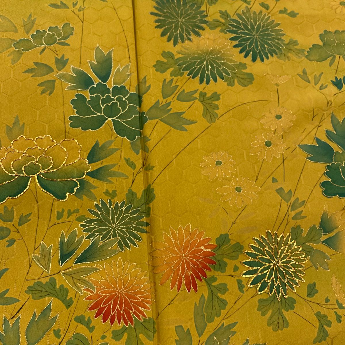 【庫存清倉】訪問服 身長155.5cm 袖長64cm M 雙層 牡丹 菊花 金絲 金銀彩 芥末色 純蠶絲 優品級