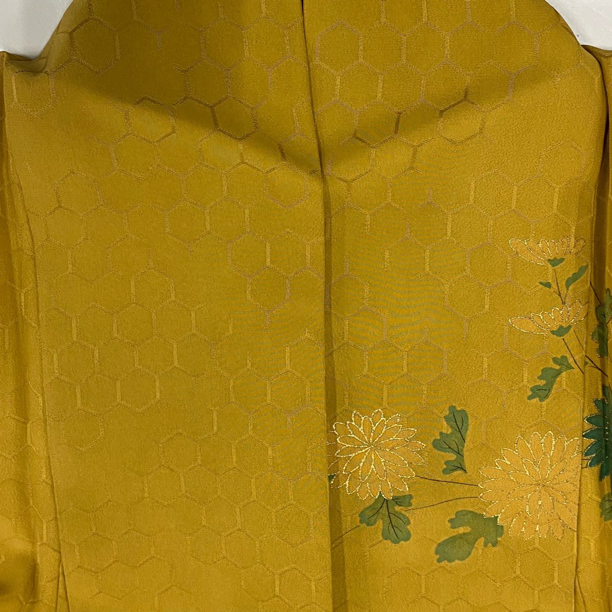 【庫存清倉】訪問服 身長155.5cm 袖長64cm M 雙層 牡丹 菊花 金絲 金銀彩 芥末色 純蠶絲 優品級