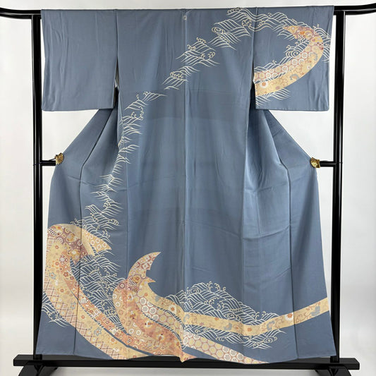 【庫存清倉】訪問服 身長154.5cm 袖長63cm S 雙層 花唐草紋 波 青灰 純蠶絲 秀品級 一個紋