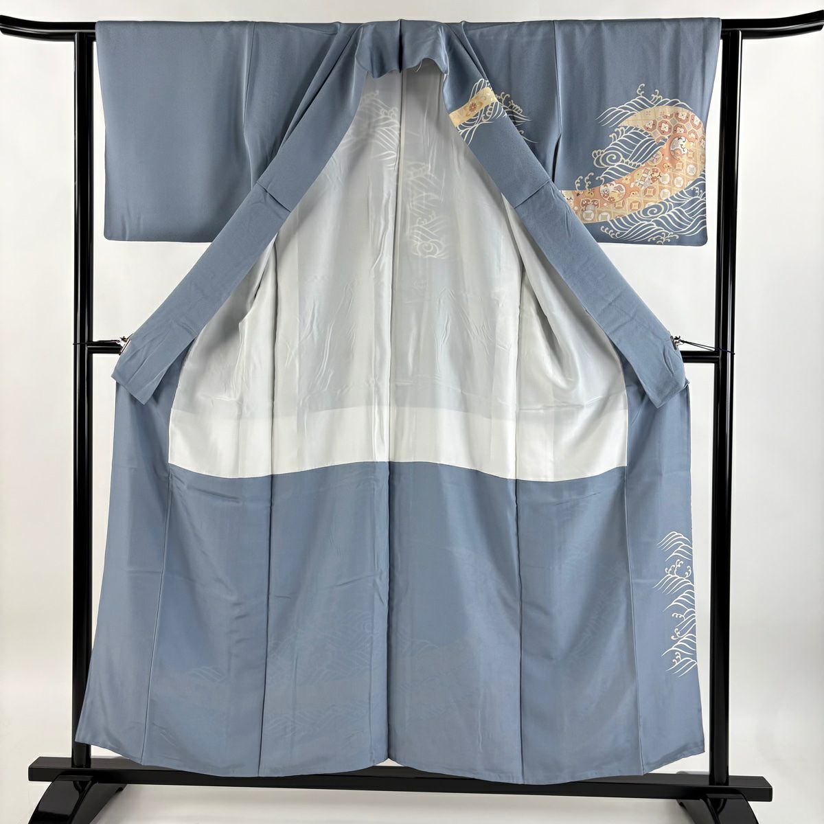 【庫存清倉】訪問服 身長154.5cm 袖長63cm S 雙層 花唐草紋 波 青灰 純蠶絲 秀品級 一個紋