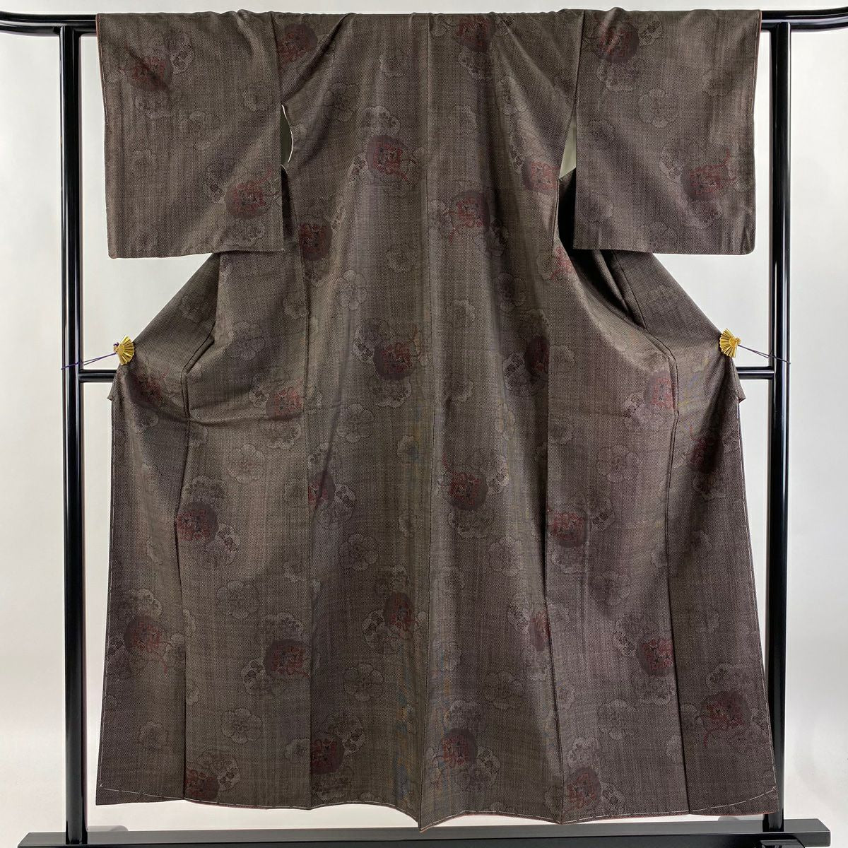 【庫存清倉】 紬織織 身長154.5cm 袖長62.5cm S 雙層 鏡裏文 花 焦茶 純蠶絲 美品 秀品級