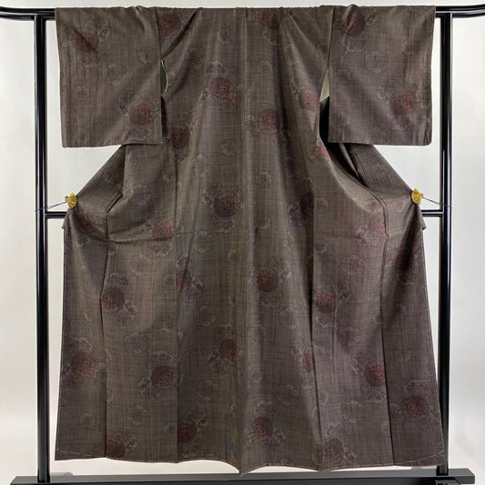 【庫存清倉】 紬織織 身長154.5cm 袖長62.5cm S 雙層 鏡裏文 花 焦茶 純蠶絲 美品 秀品級