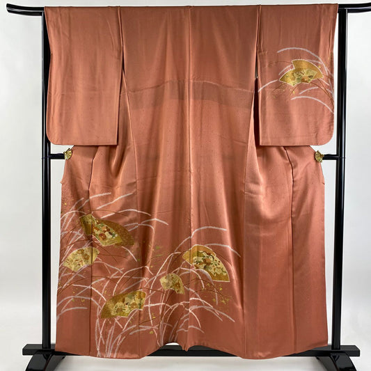 【庫存清倉】訪問服 身長158cm 袖長64cm M 雙層 扇子面 草花紋紋 金銀彩 絞染 鮭粉色 純蠶絲 優品級