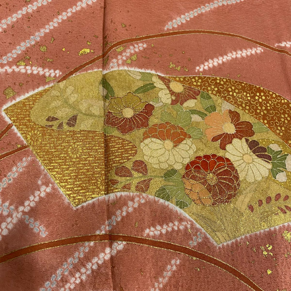 【庫存清倉】訪問服 身長158cm 袖長64cm M 雙層 扇子面 草花紋紋 金銀彩 絞染 鮭粉色 純蠶絲 優品級