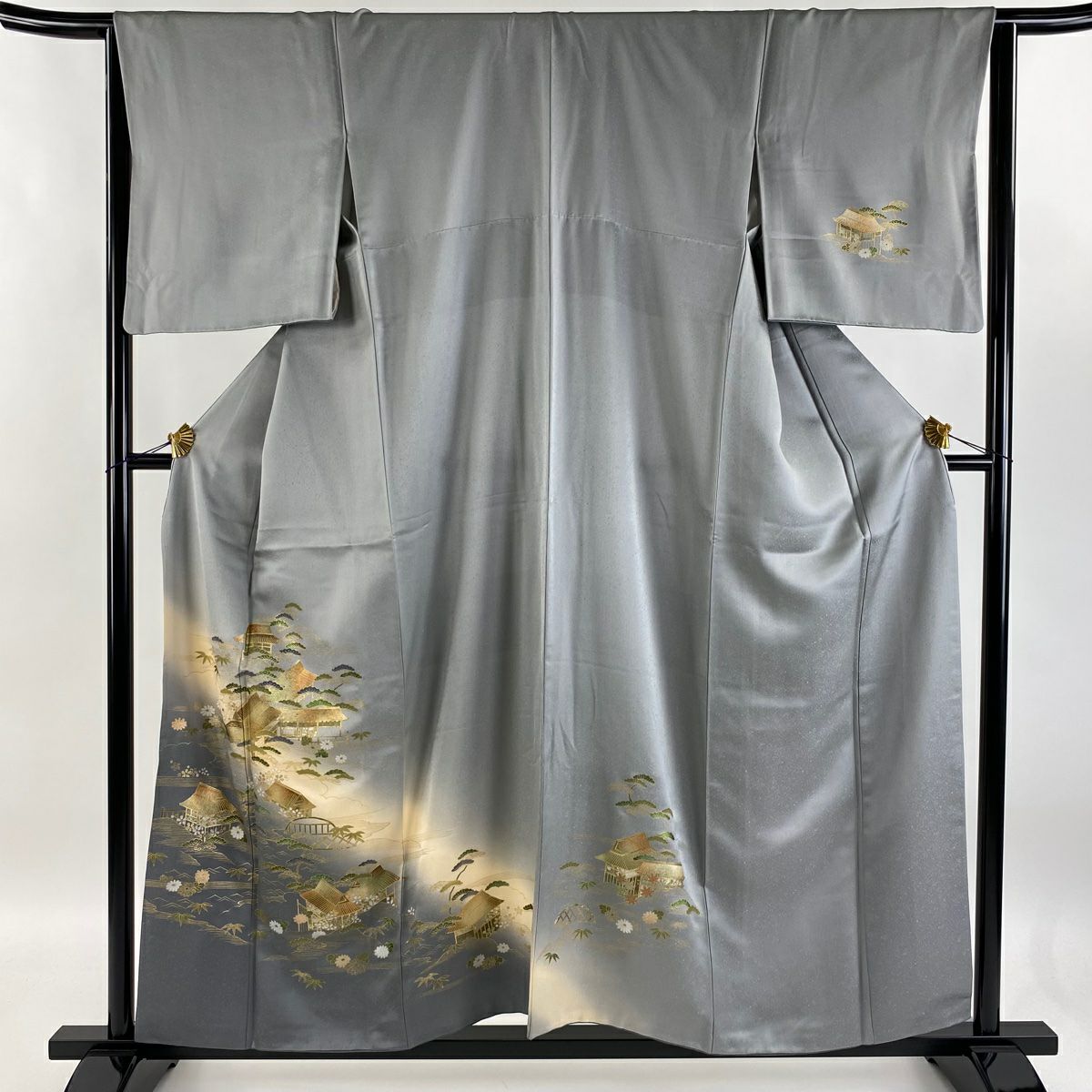 【庫存清倉】訪問服 身長156cm 袖長64cm M 雙層 松樹竹子梅花 風景 金銀彩 漸層 灰色 純蠶絲 優品級