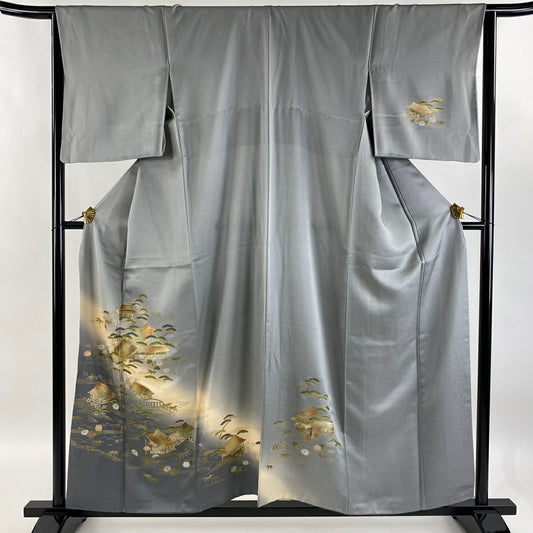 【庫存清倉】訪問服 身長156cm 袖長64cm M 雙層 松樹竹子梅花 風景 金銀彩 漸層 灰色 純蠶絲 優品級