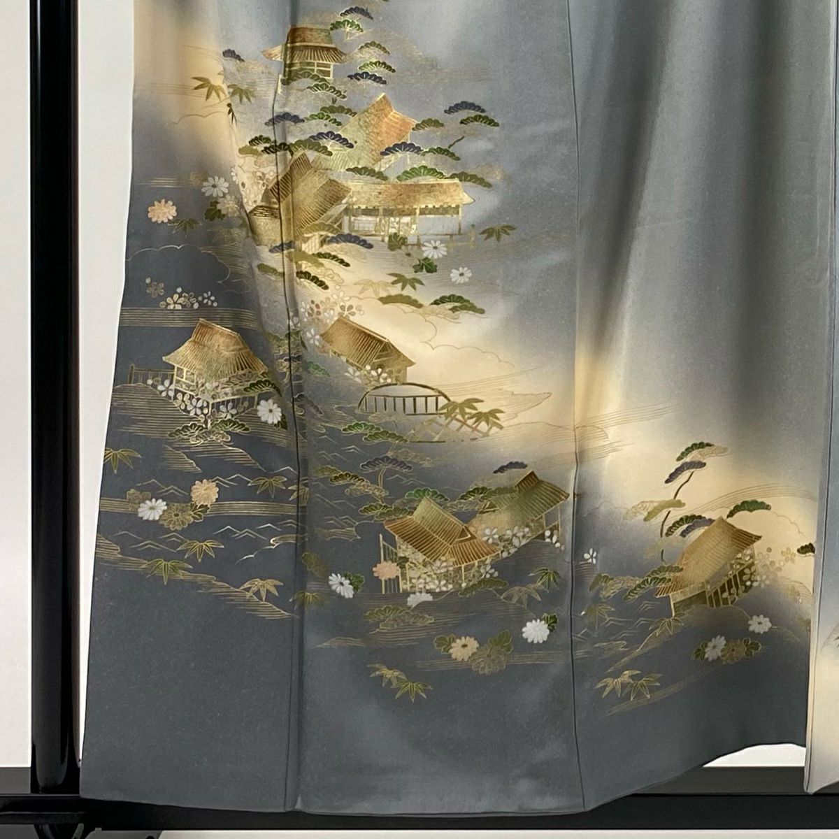 【庫存清倉】訪問服 身長156cm 袖長64cm M 雙層 松樹竹子梅花 風景 金銀彩 漸層 灰色 純蠶絲 優品級