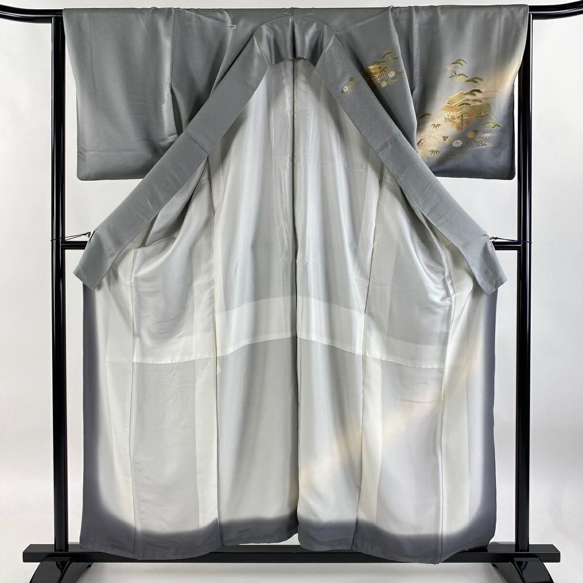 【庫存清倉】訪問服 身長156cm 袖長64cm M 雙層 松樹竹子梅花 風景 金銀彩 漸層 灰色 純蠶絲 優品級