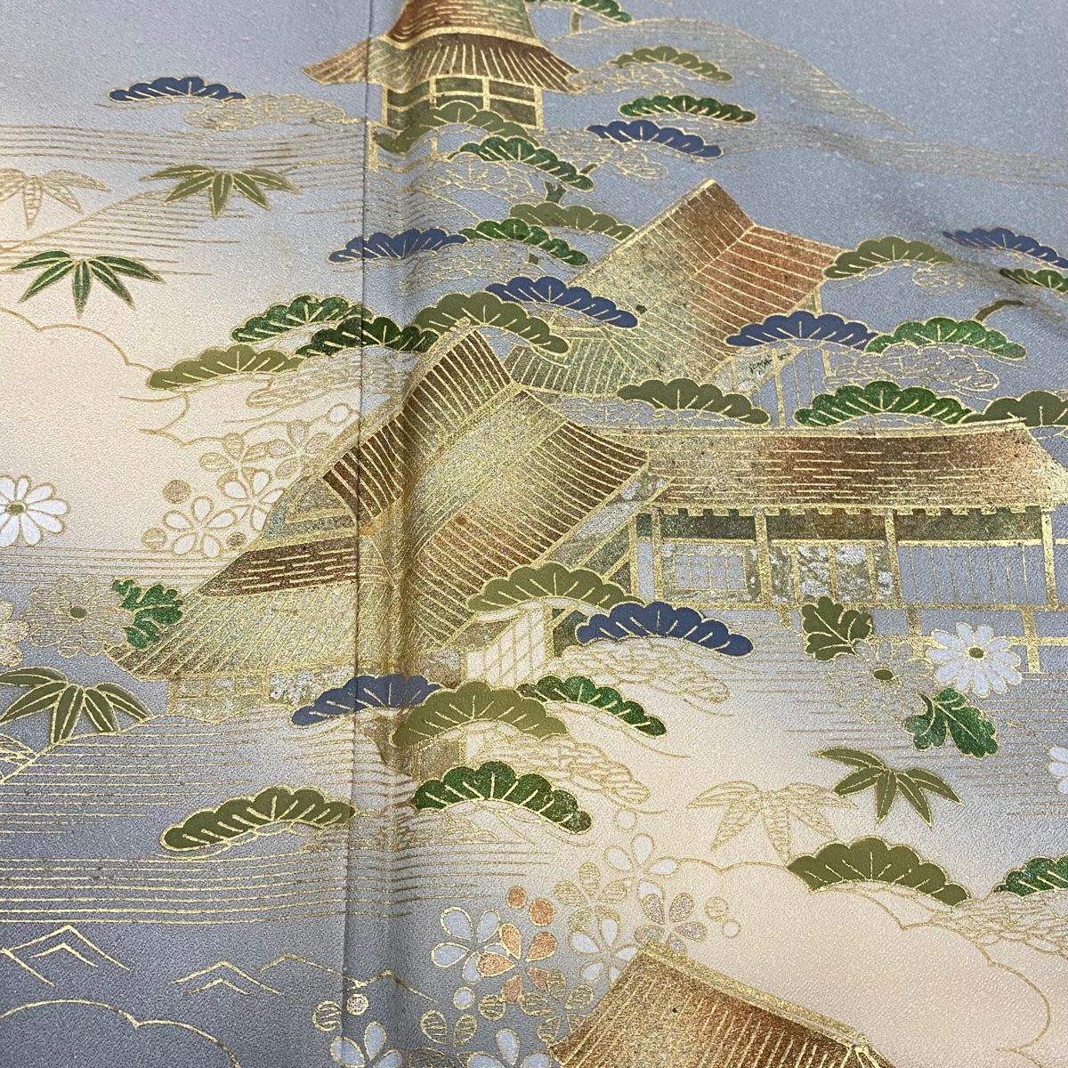 【庫存清倉】訪問服 身長156cm 袖長64cm M 雙層 松樹竹子梅花 風景 金銀彩 漸層 灰色 純蠶絲 優品級