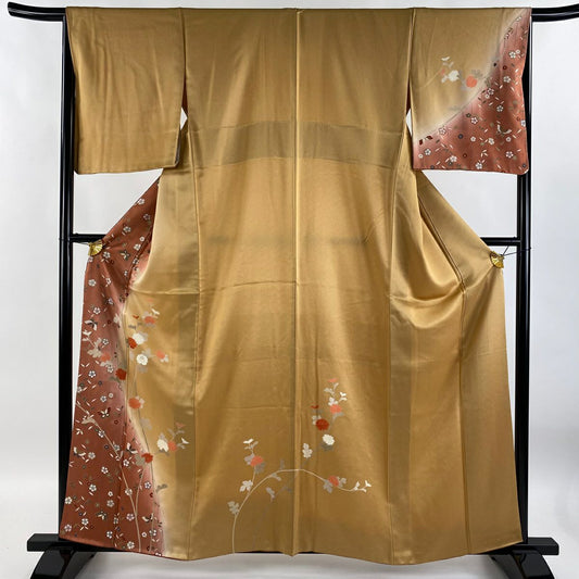 【庫存清倉】訪問服 身長161cm 袖長65cm M 雙層 菊花花 櫻花 刺繡 金彩裝飾 山吹色 純蠶絲 優品級