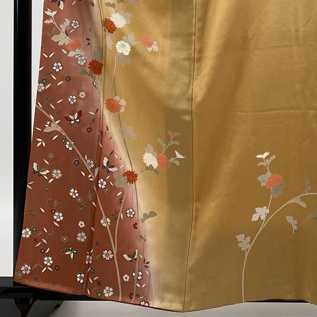 【庫存清倉】訪問服 身長161cm 袖長65cm M 雙層 菊花花 櫻花 刺繡 金彩裝飾 山吹色 純蠶絲 優品級