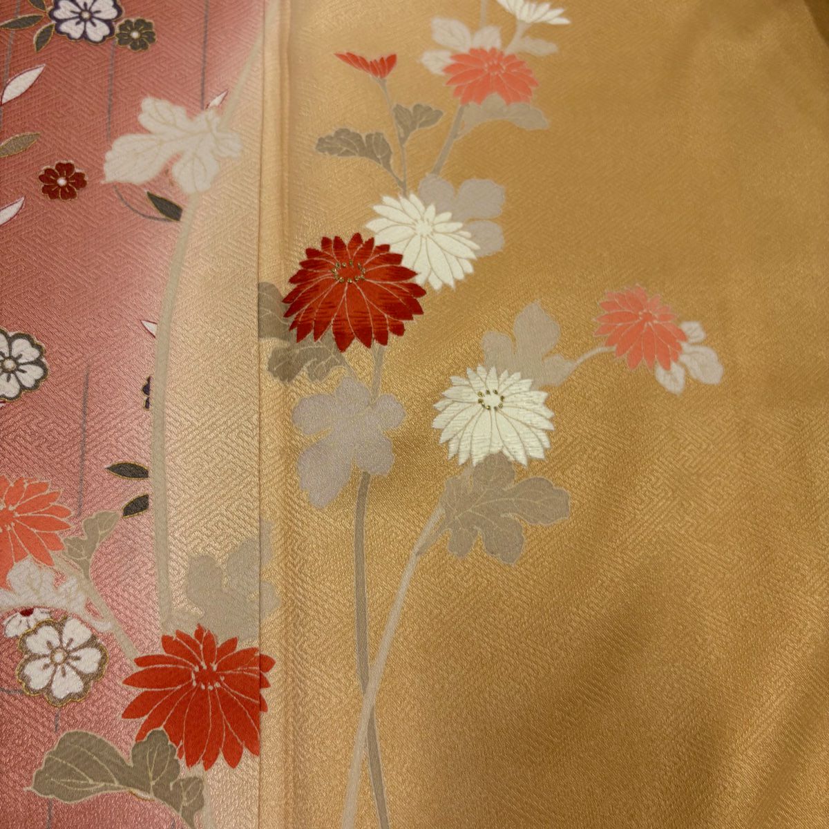 【庫存清倉】訪問服 身長161cm 袖長65cm M 雙層 菊花花 櫻花 刺繡 金彩裝飾 山吹色 純蠶絲 優品級