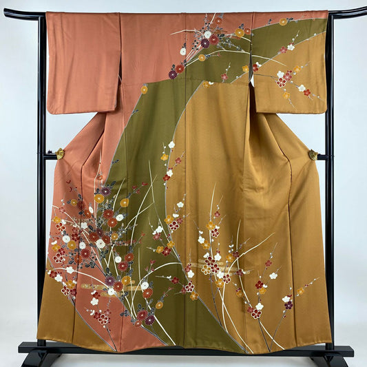 【庫存清倉】訪問服 身長156.5cm 袖長64cm M 雙層 菊花花 ヱ霞 染分 金銀彩 茜 純蠶絲 優品級