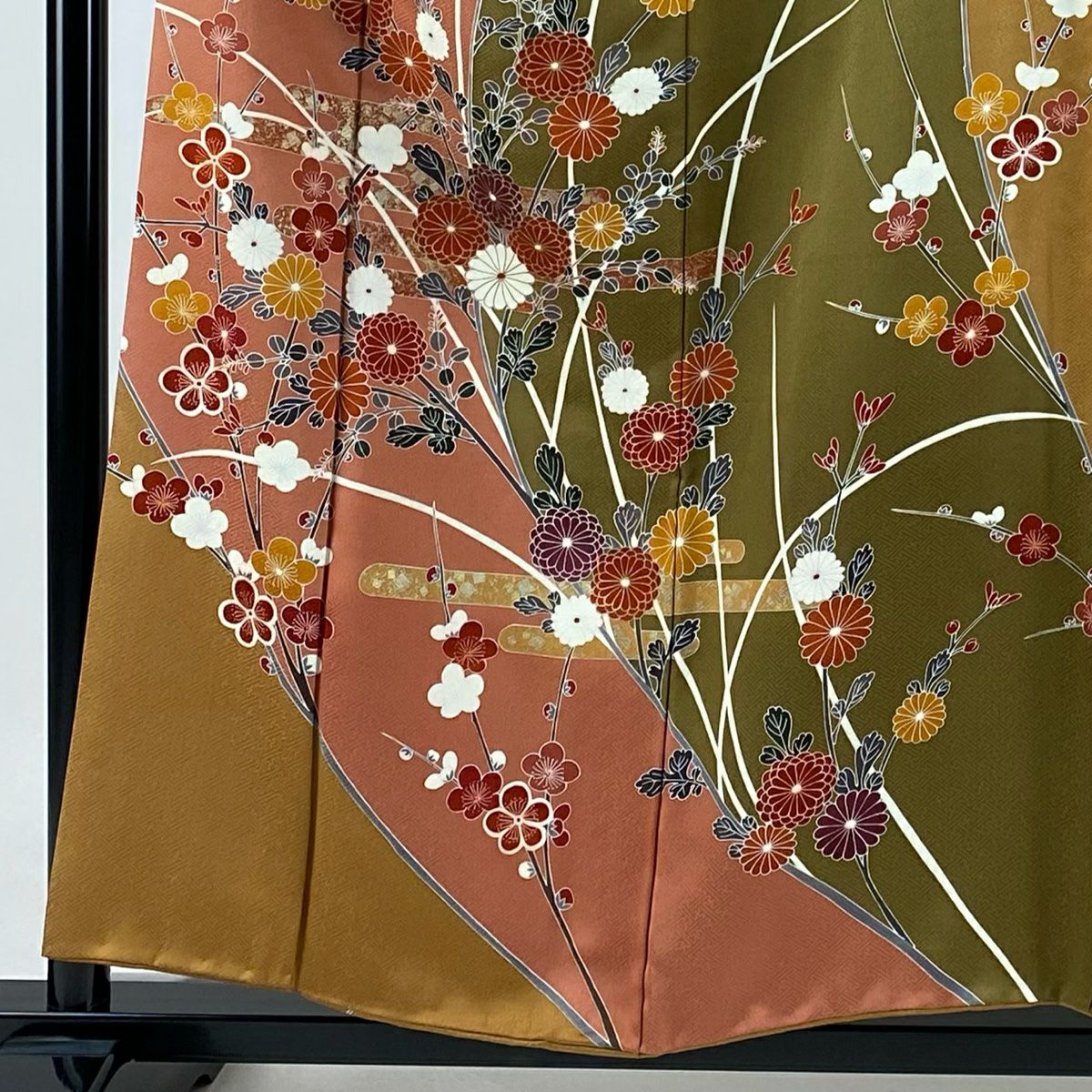 【庫存清倉】訪問服 身長156.5cm 袖長64cm M 雙層 菊花花 ヱ霞 染分 金銀彩 茜 純蠶絲 優品級