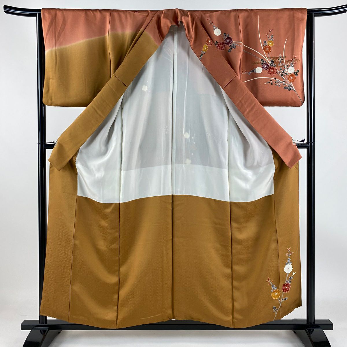 【庫存清倉】訪問服 身長156.5cm 袖長64cm M 雙層 菊花花 ヱ霞 染分 金銀彩 茜 純蠶絲 優品級