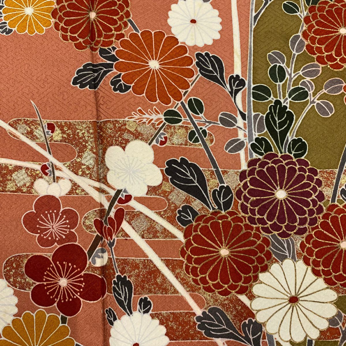 【庫存清倉】訪問服 身長156.5cm 袖長64cm M 雙層 菊花花 ヱ霞 染分 金銀彩 茜 純蠶絲 優品級