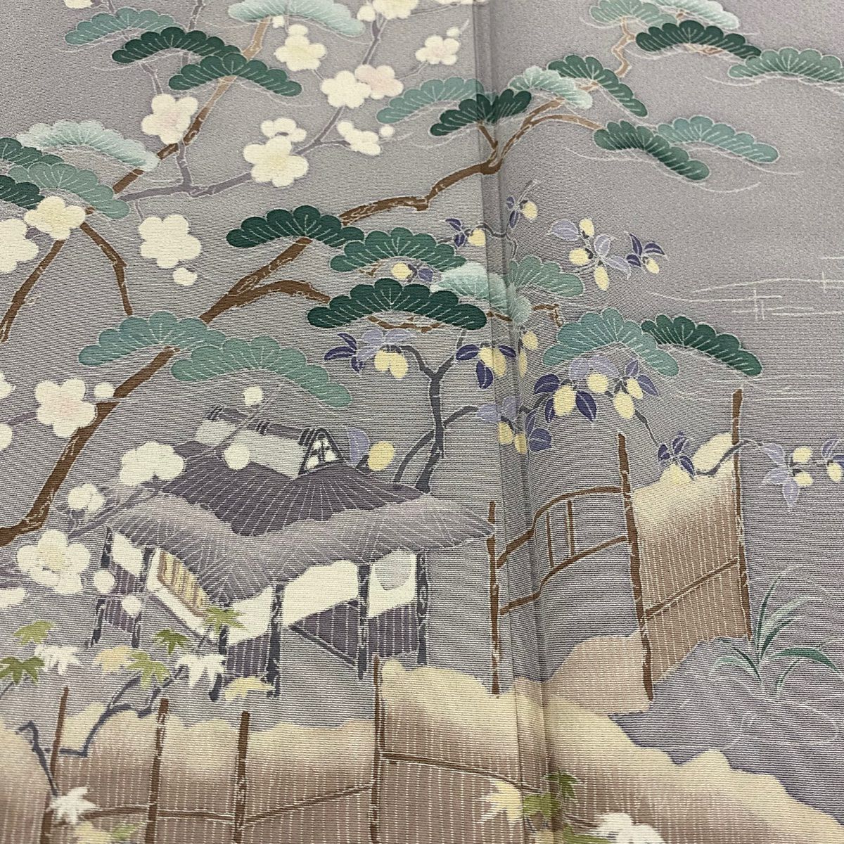 【庫存清倉】訪問服 身長150.5cm 袖長63cm S 雙層 松樹竹子梅花 家屋 染分 逐漸淡化 淺紫 純蠶絲 優品級 一個紋