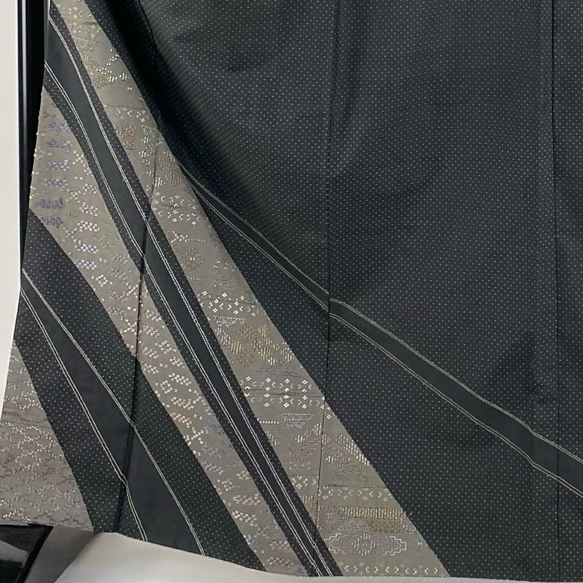 【清倉特賣】訪問服 身長166.5cm 袖長65cm M 雙層 紬織織 菱形 斜條紋 刺繡 墨色 純蠶絲 名品級