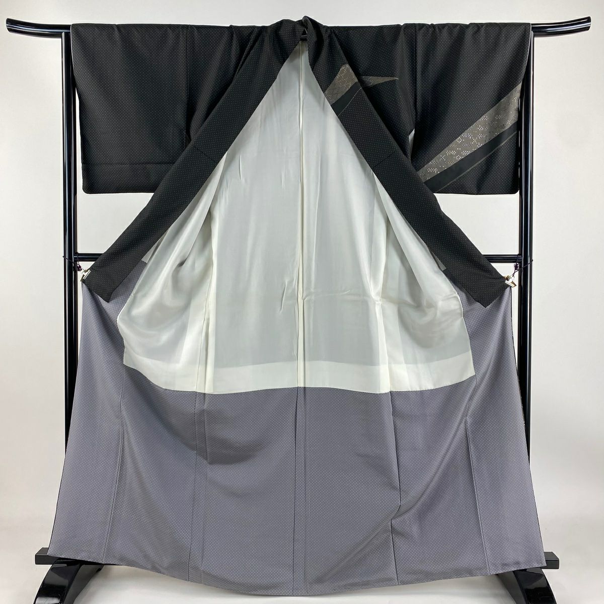 【清倉特賣】訪問服 身長166.5cm 袖長65cm M 雙層 紬織織 菱形 斜條紋 刺繡 墨色 純蠶絲 名品級