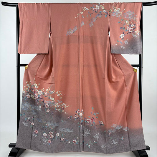 【清倉特賣】訪問服 身長163cm 袖長65cm M 雙層 椿 松樹竹子梅花 染分 逐漸變色 粉紅 純蠶絲 名品級