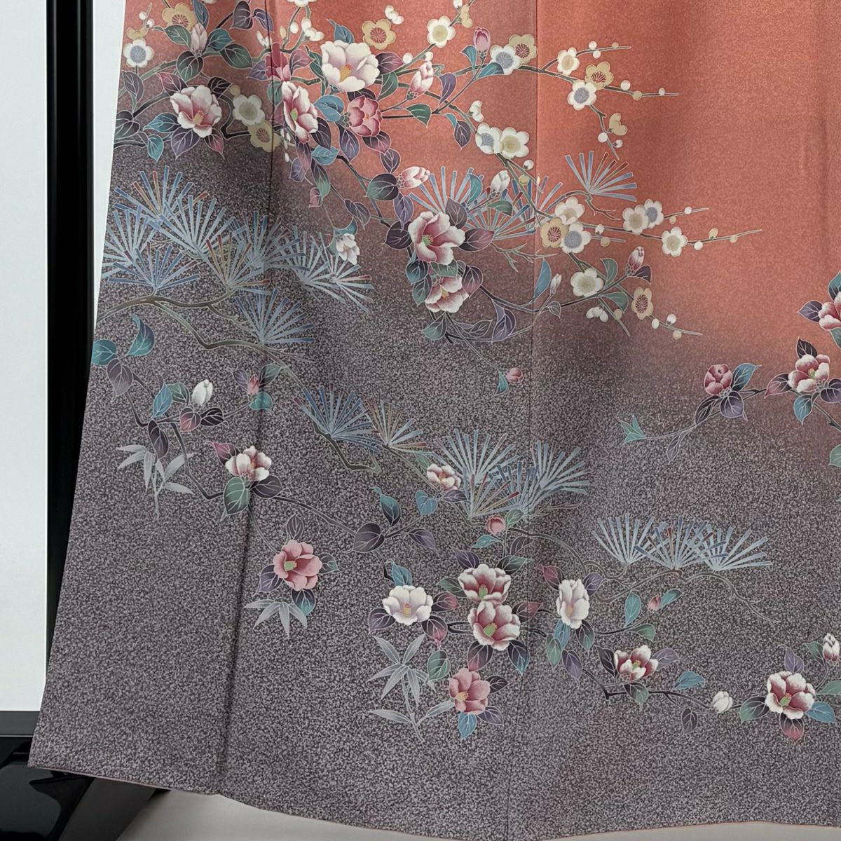 【清倉特賣】訪問服 身長163cm 袖長65cm M 雙層 椿 松樹竹子梅花 染分 逐漸變色 粉紅 純蠶絲 名品級