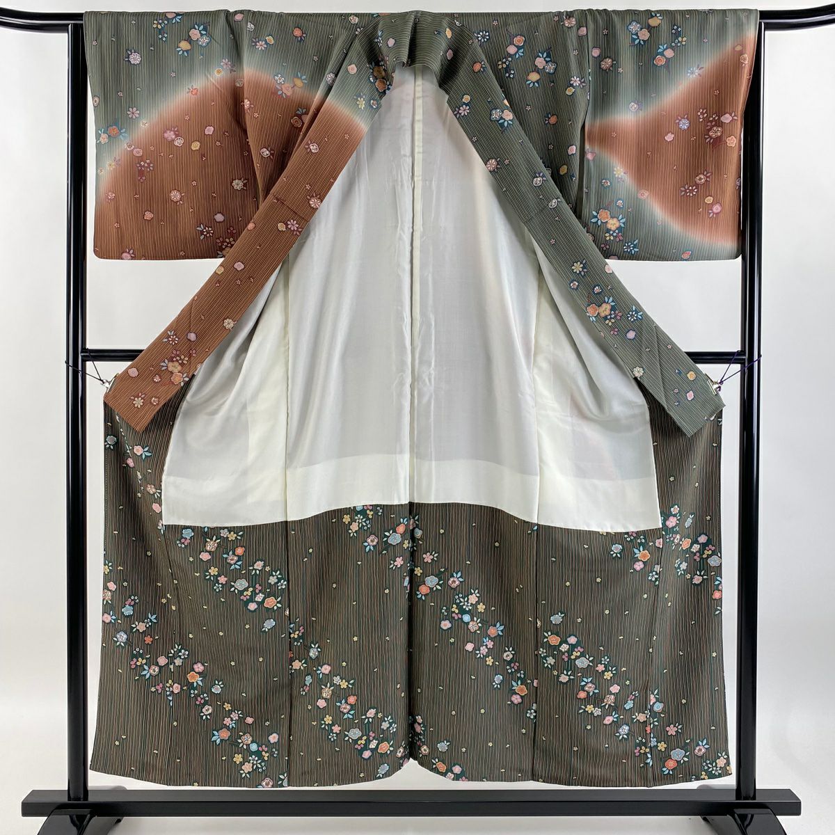 【庫存清倉】訪問服 身長155cm 袖長65cm M 雙層 縱條 草花紋紋 漸層 金彩裝飾 灰綠 純蠶絲 美品 秀品級