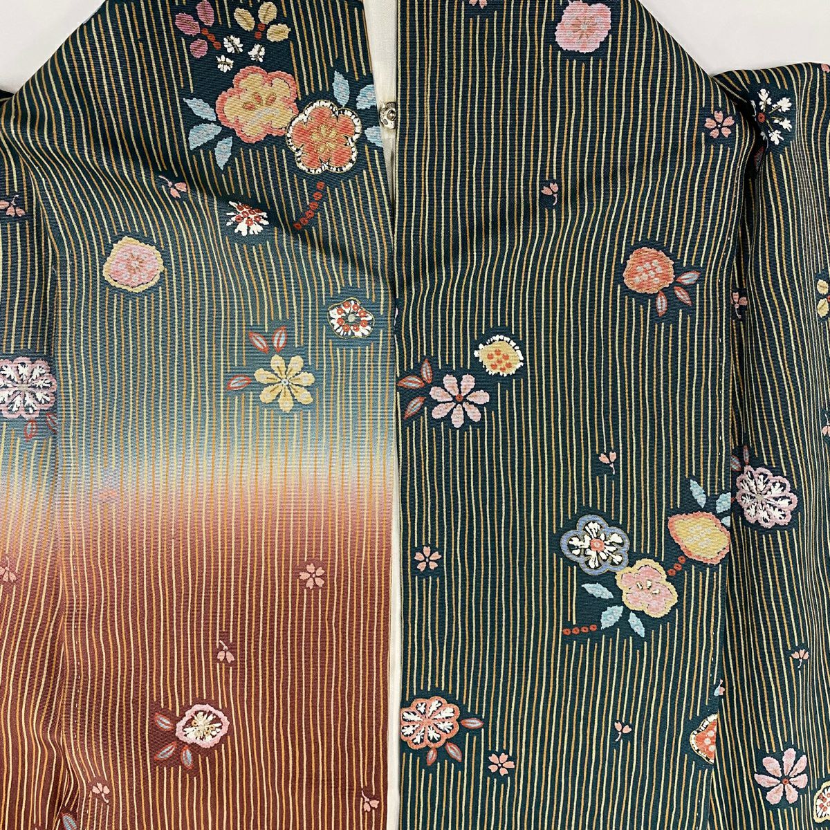 【庫存清倉】訪問服 身長155cm 袖長65cm M 雙層 縱條 草花紋紋 漸層 金彩裝飾 灰綠 純蠶絲 美品 秀品級
