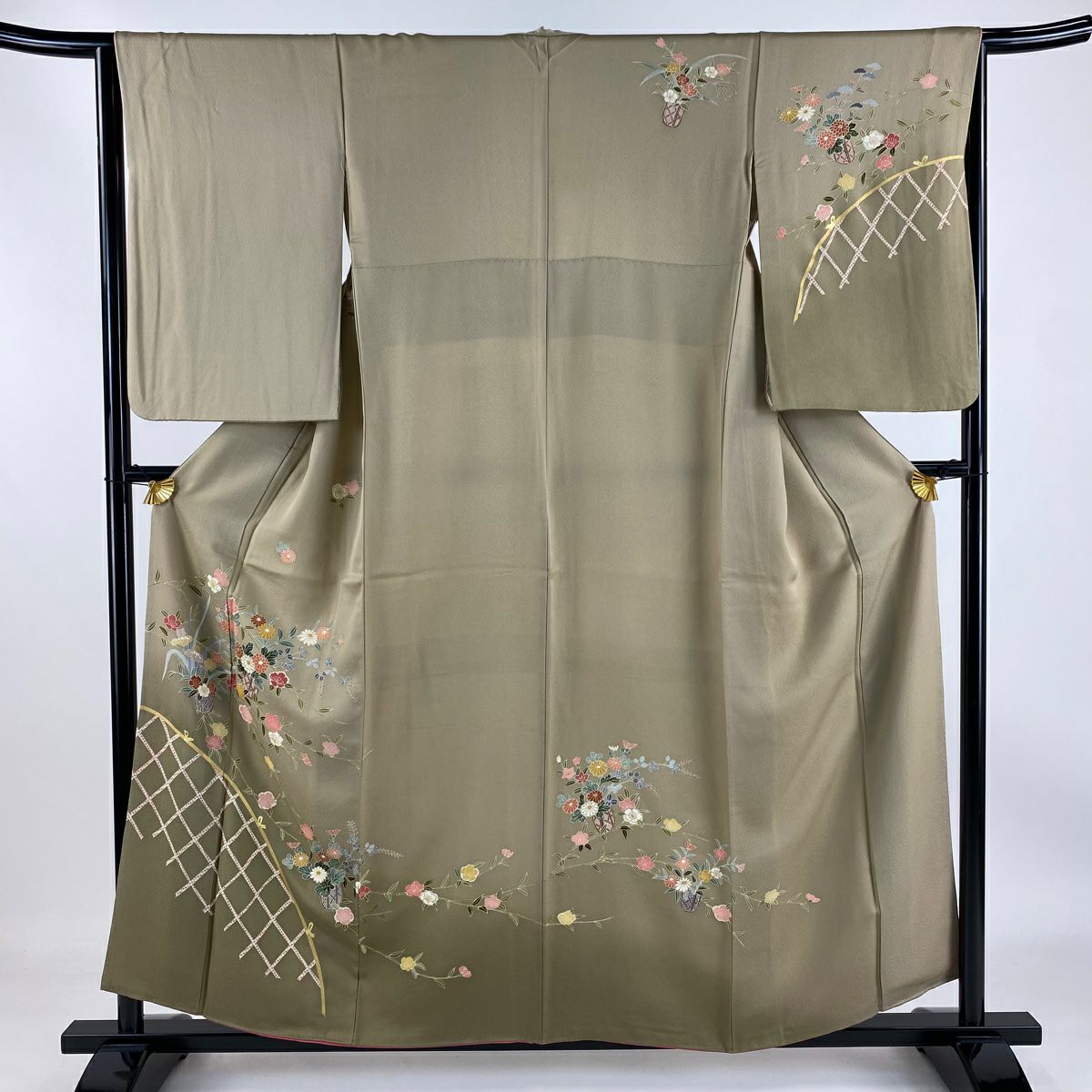 【庫存清倉】訪問服 身長158cm 袖長64cm M 雙層 花籠 光悅垣 金銀彩 漸層 灰茶 純蠶絲 優品級