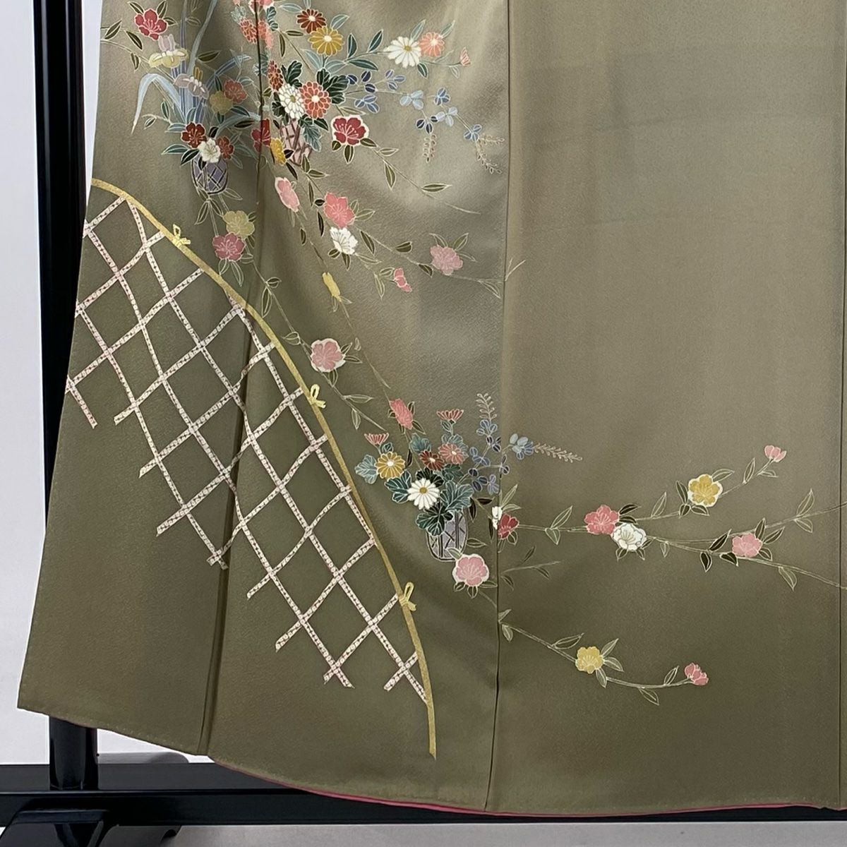 【庫存清倉】訪問服 身長158cm 袖長64cm M 雙層 花籠 光悅垣 金銀彩 漸層 灰茶 純蠶絲 優品級