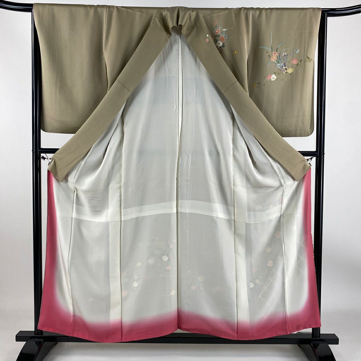 【庫存清倉】訪問服 身長158cm 袖長64cm M 雙層 花籠 光悅垣 金銀彩 漸層 灰茶 純蠶絲 優品級