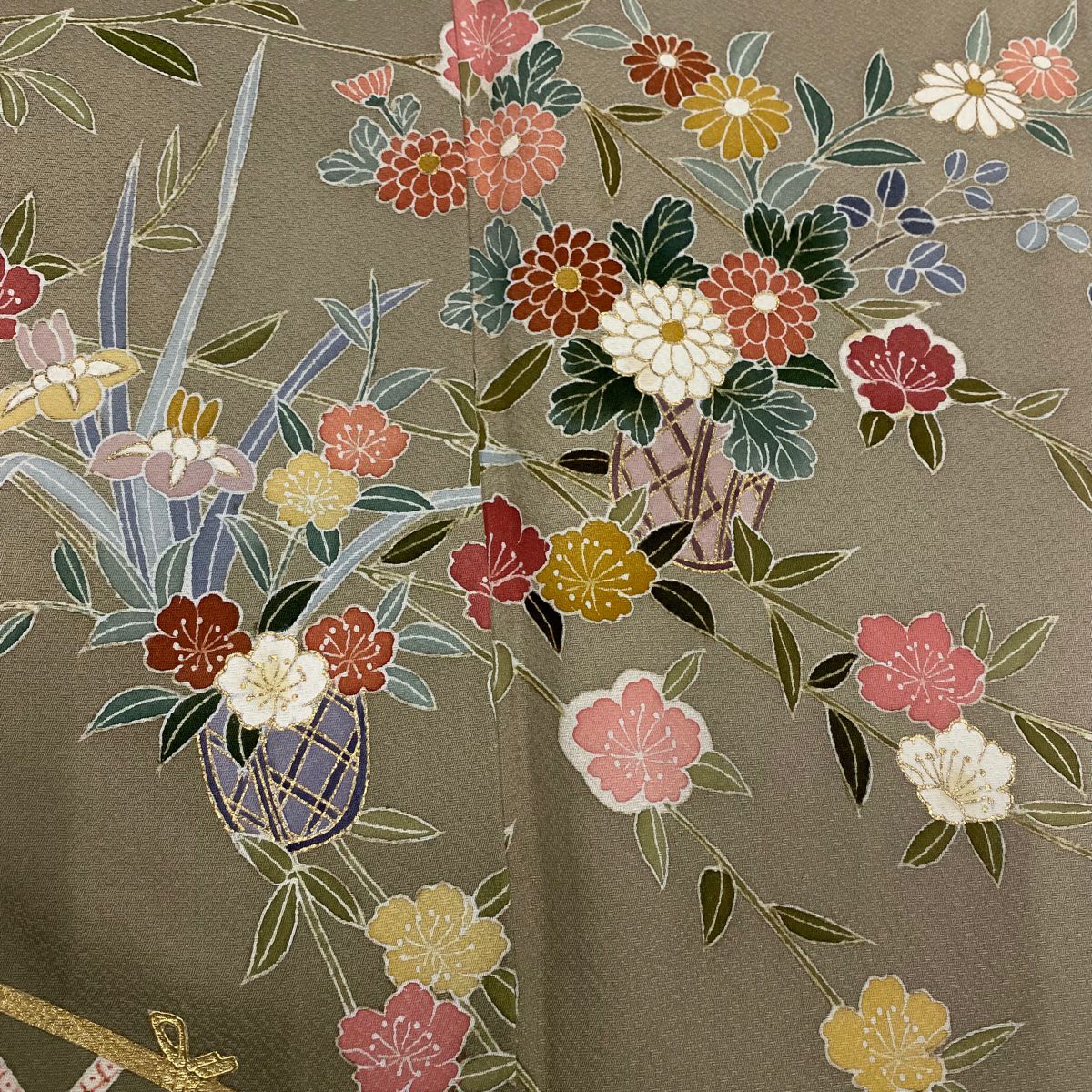 【庫存清倉】訪問服 身長158cm 袖長64cm M 雙層 花籠 光悅垣 金銀彩 漸層 灰茶 純蠶絲 優品級