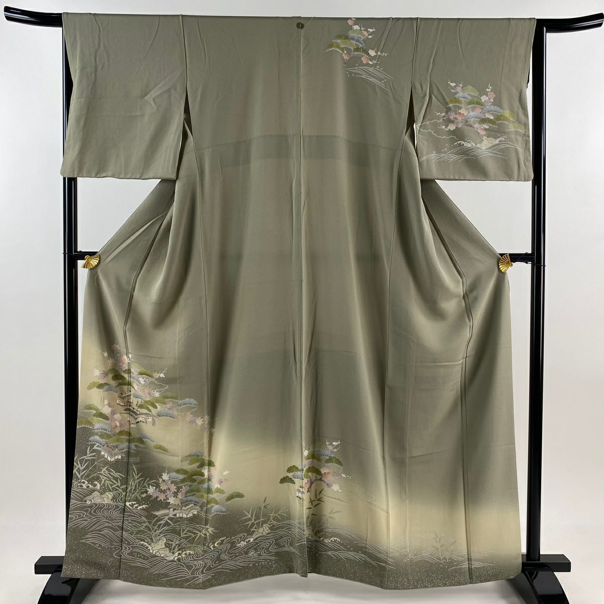 【庫存清倉】訪問服 身長161cm 袖長65.5cm M 雙層 風景 松樹竹子梅花 金銀彩 漸層 灰綠 純蠶絲 優品級 一個紋