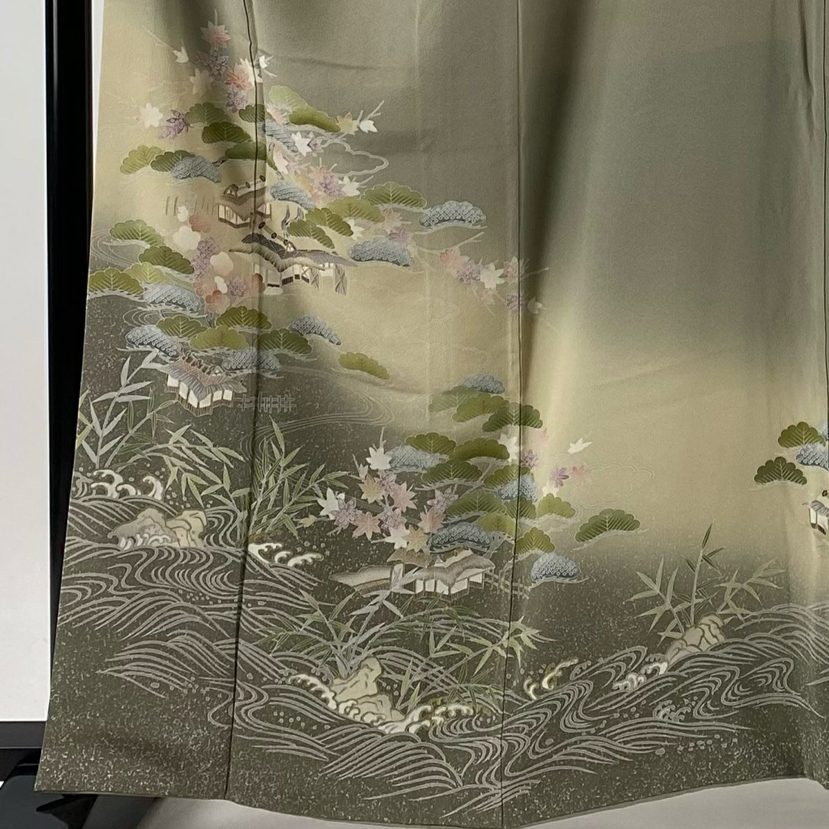 【庫存清倉】訪問服 身長161cm 袖長65.5cm M 雙層 風景 松樹竹子梅花 金銀彩 漸層 灰綠 純蠶絲 優品級 一個紋