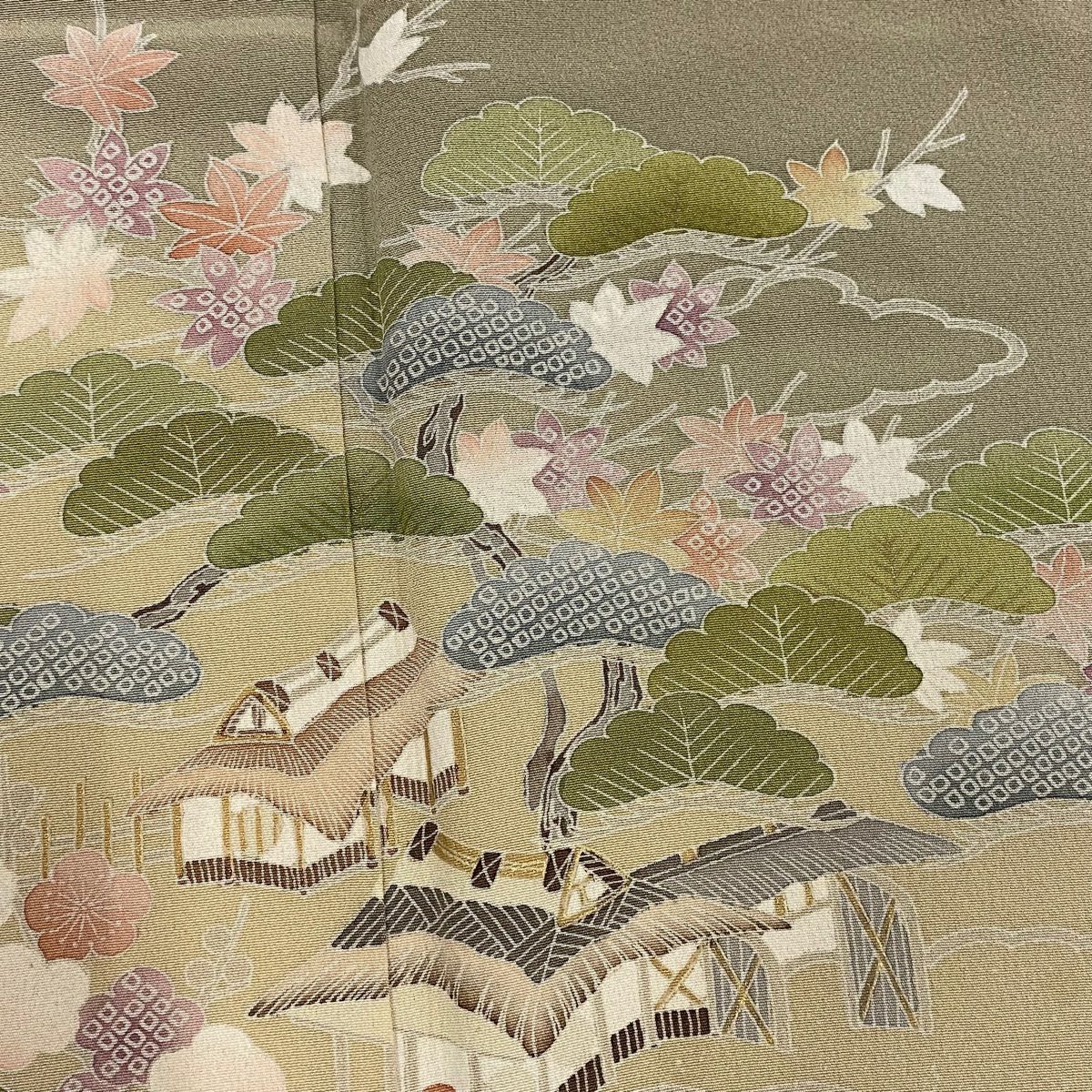 【庫存清倉】訪問服 身長161cm 袖長65.5cm M 雙層 風景 松樹竹子梅花 金銀彩 漸層 灰綠 純蠶絲 優品級 一個紋