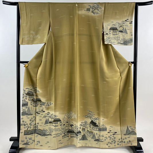 【庫存清倉】訪問服 身長165.5cm 袖長65cm M 雙層 建物 流水 金銀彩 刺繡 淺茶 純蠶絲 優品級 一個紋