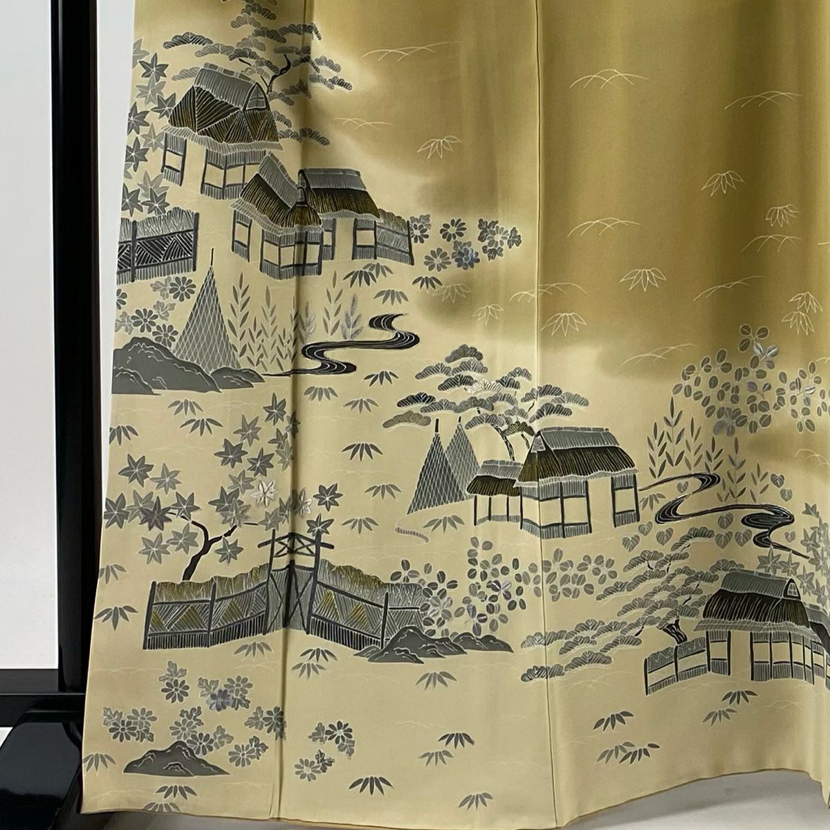 【庫存清倉】訪問服 身長165.5cm 袖長65cm M 雙層 建物 流水 金銀彩 刺繡 淺茶 純蠶絲 優品級 一個紋