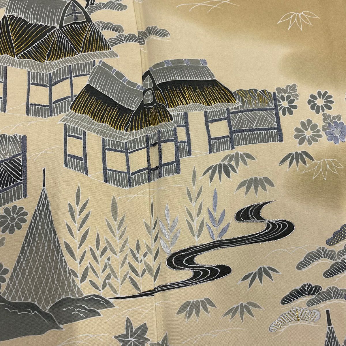 【庫存清倉】訪問服 身長165.5cm 袖長65cm M 雙層 建物 流水 金銀彩 刺繡 淺茶 純蠶絲 優品級 一個紋