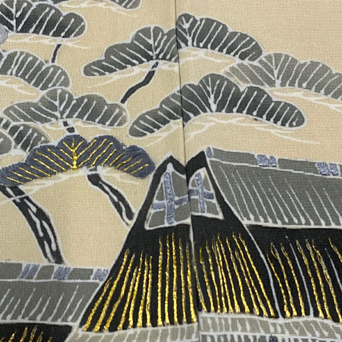 【庫存清倉】訪問服 身長165.5cm 袖長65cm M 雙層 建物 流水 金銀彩 刺繡 淺茶 純蠶絲 優品級 一個紋