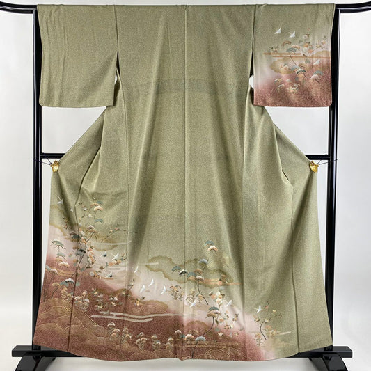 【庫存清倉】訪問服 身長159.5cm 袖長64.5cm M 雙層 花鳥 波 金銀彩 灰綠 純蠶絲 優品級