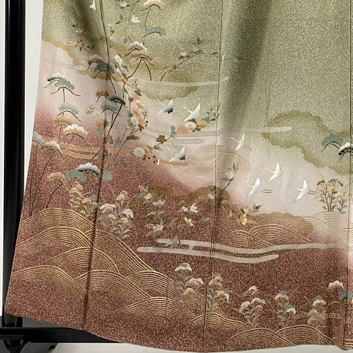 【庫存清倉】訪問服 身長159.5cm 袖長64.5cm M 雙層 花鳥 波 金銀彩 灰綠 純蠶絲 優品級