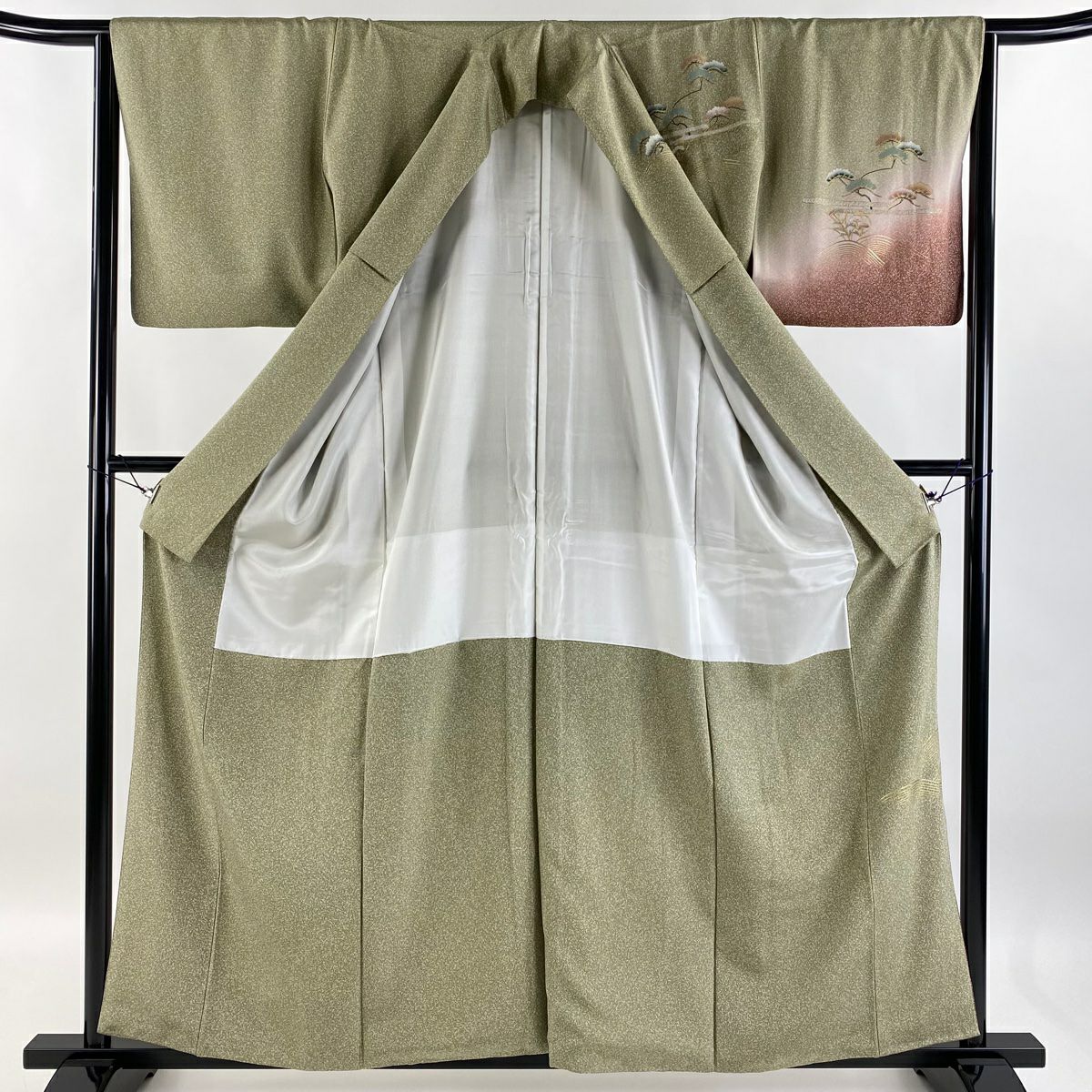 【庫存清倉】訪問服 身長159.5cm 袖長64.5cm M 雙層 花鳥 波 金銀彩 灰綠 純蠶絲 優品級