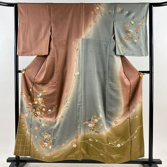 【庫存清倉】訪問服 身長157.5cm 袖長63.5cm S 雙層 短冊 松樹梅花 金銀彩 染分 紅茶 純蠶絲 優品級