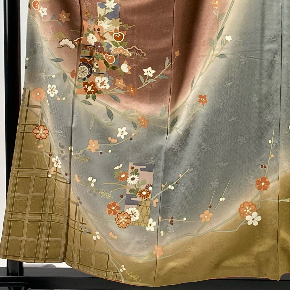 【庫存清倉】訪問服 身長157.5cm 袖長63.5cm S 雙層 短冊 松樹梅花 金銀彩 染分 紅茶 純蠶絲 優品級