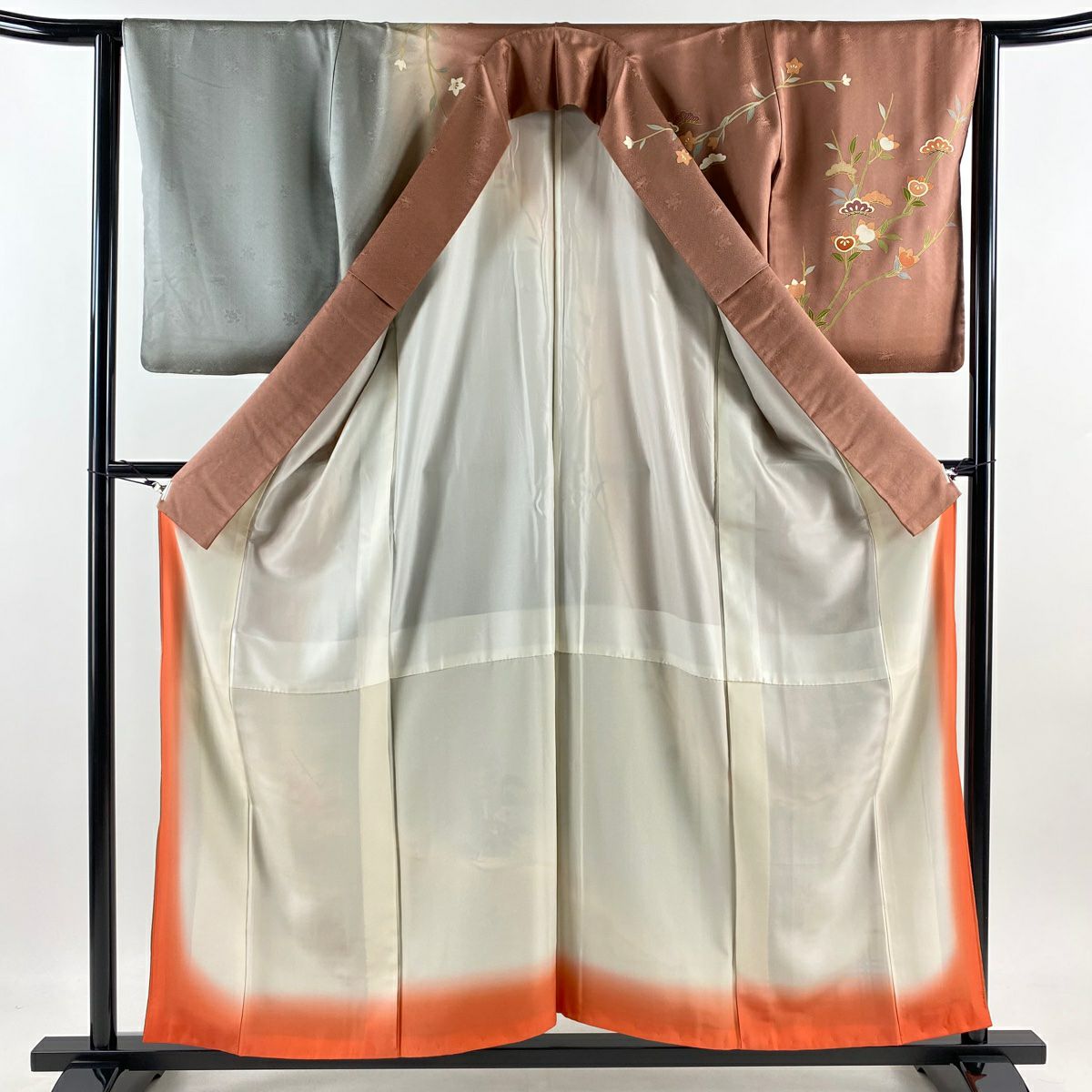 【庫存清倉】訪問服 身長157.5cm 袖長63.5cm S 雙層 短冊 松樹梅花 金銀彩 染分 紅茶 純蠶絲 優品級