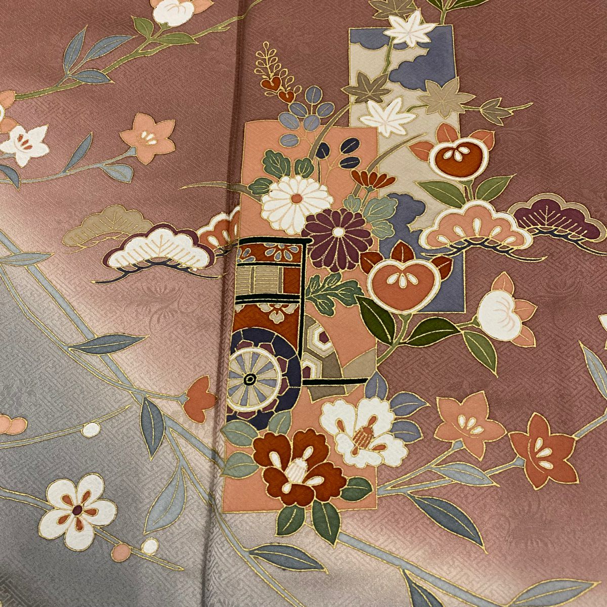 【庫存清倉】訪問服 身長157.5cm 袖長63.5cm S 雙層 短冊 松樹梅花 金銀彩 染分 紅茶 純蠶絲 優品級