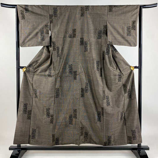 【庫存清倉】 紬織 身長156cm 袖長64cm M 雙層 短冊 葉紋 焦茶 純蠶絲 美品 秀品級