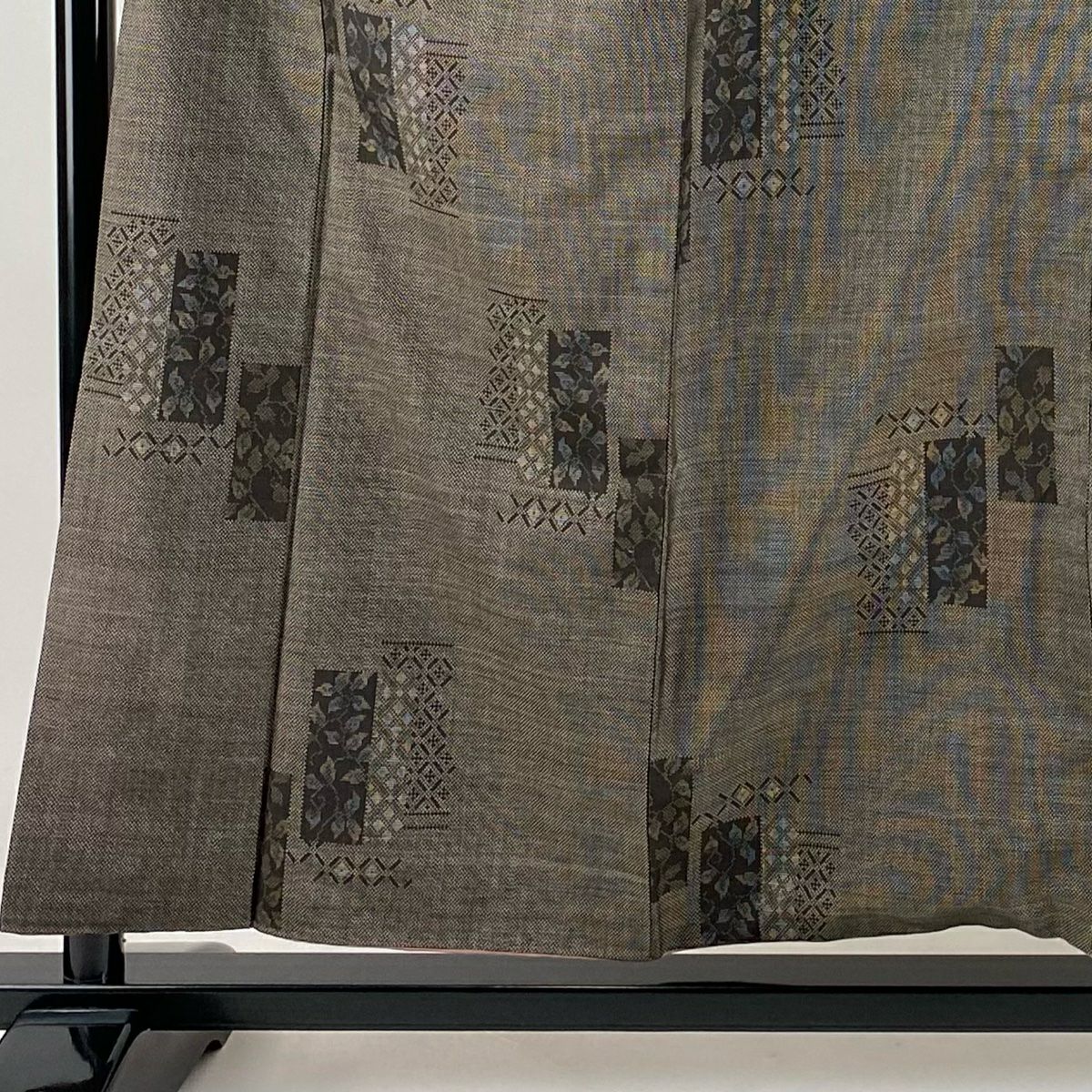 【庫存清倉】 紬織 身長156cm 袖長64cm M 雙層 短冊 葉紋 焦茶 純蠶絲 美品 秀品級
