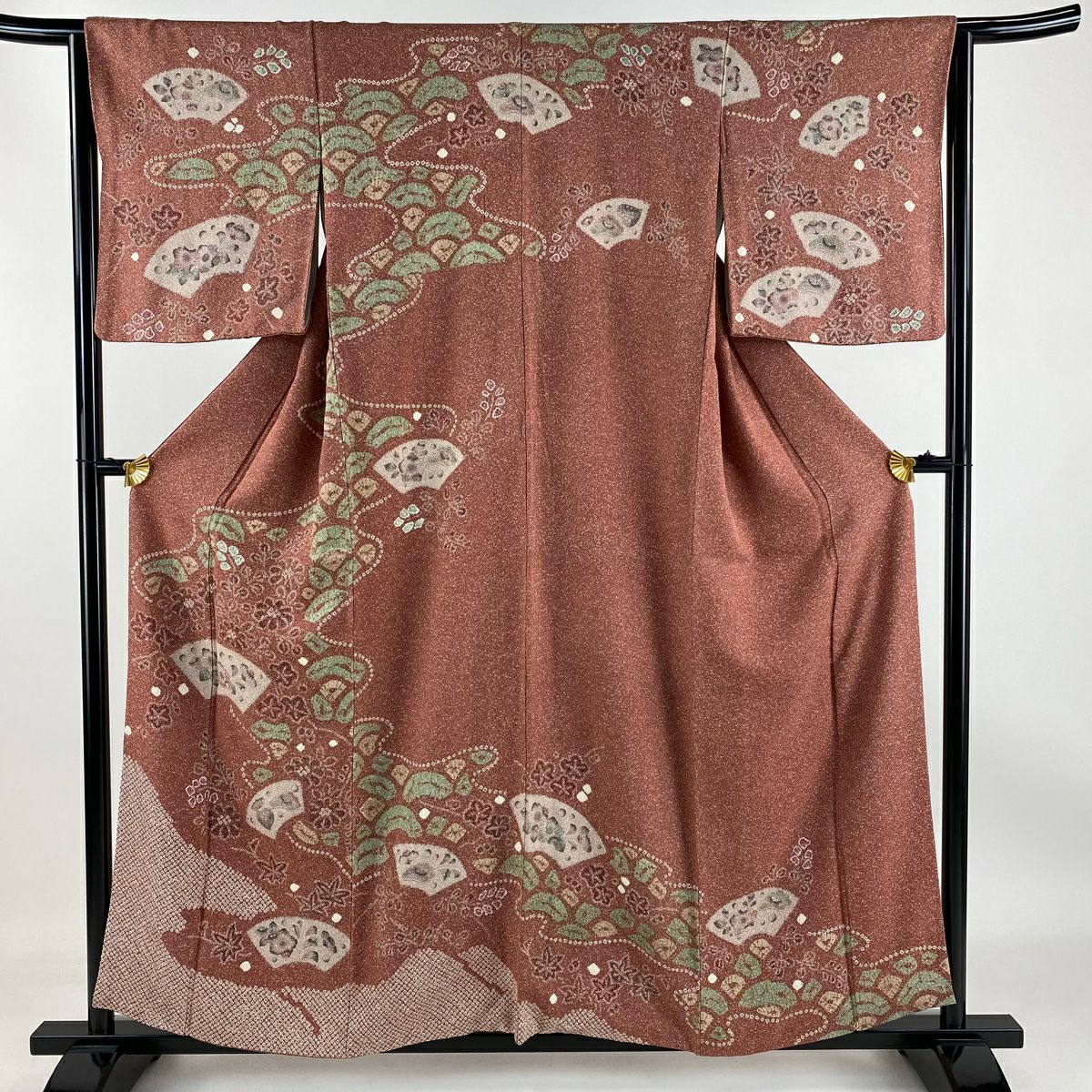 【庫存清倉】訪問服 身長158cm 袖長64.5cm M 雙層 扇子面 草花紋紋 絞染 紅紫 純蠶絲 優品級